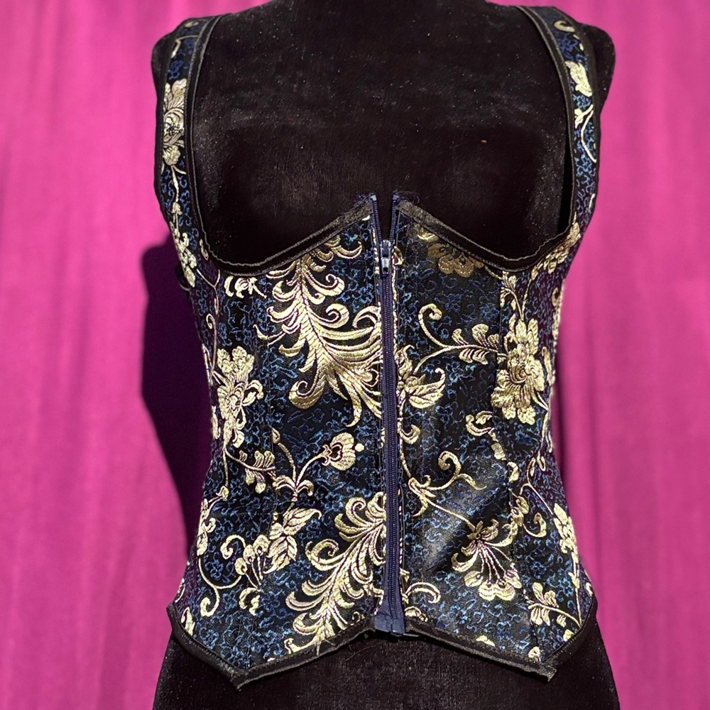 Navy and Gold Brocade Underbust Corset w/ Added Front Zipper Closure